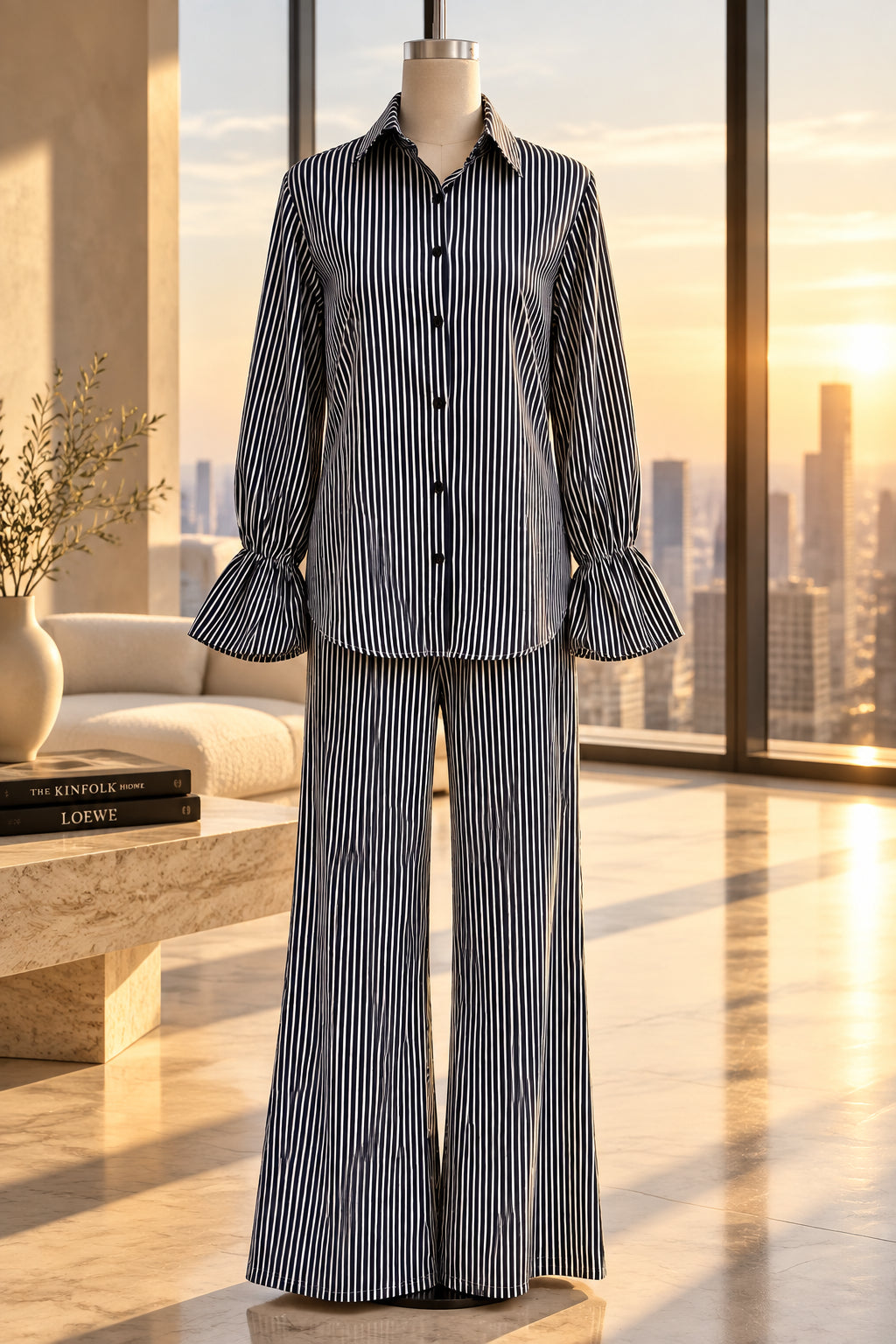 Women's Striped Blouse & Wide-Leg Pants Set