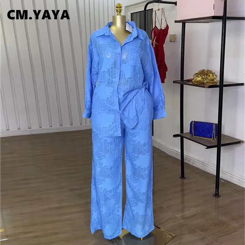 Women's Sheer Shirt & Wide-Leg Pants Set