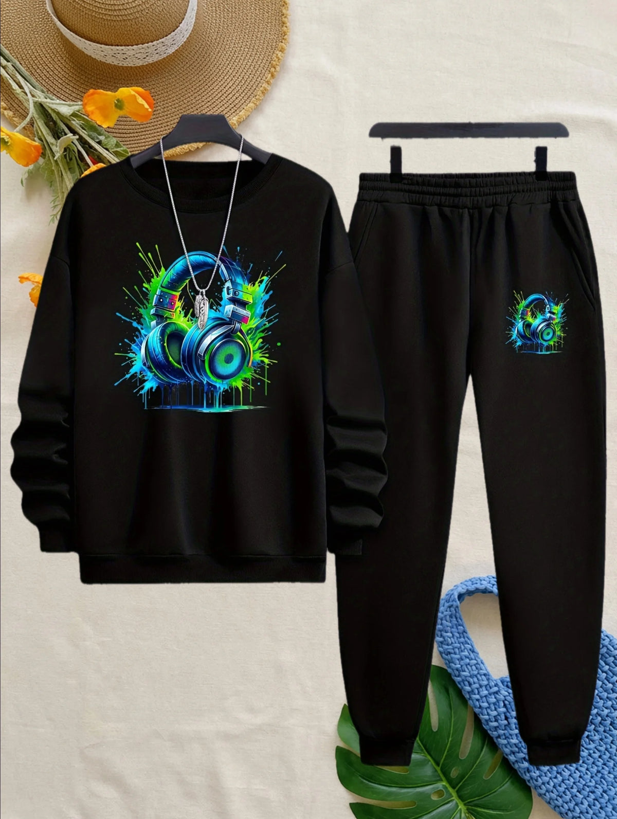 Men's Graphic Print Sweatshirt & Pants Set