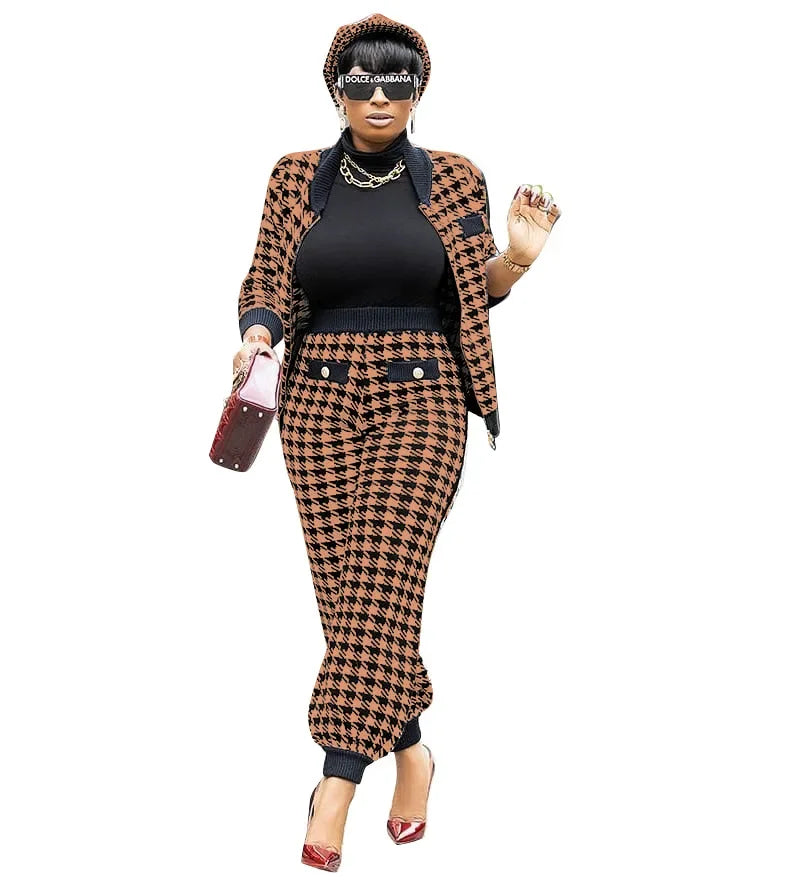 Women's Houndstooth Patchwork Jacket & Pants Set