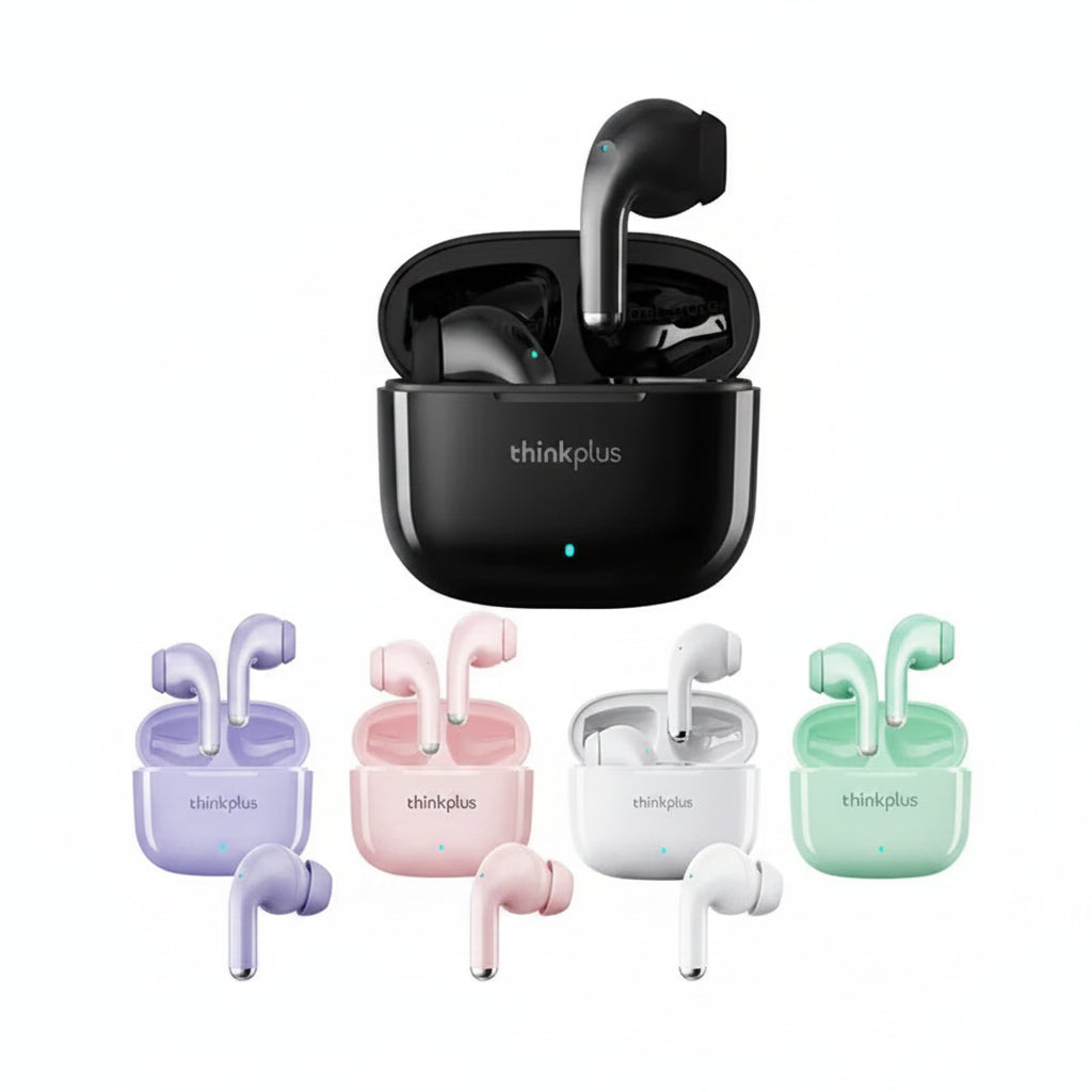 Lenovo thinkplus true wireless earbuds in a glossy black charging case, shown with four smaller color variants in pastel purple, pink, white, and mint green below on a white background with Lenovo branding and shipping text.