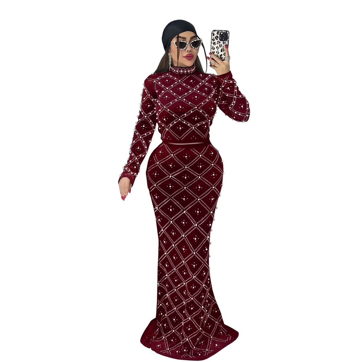 Women's Rhinestone-Detail Top & Maxi Skirt Set