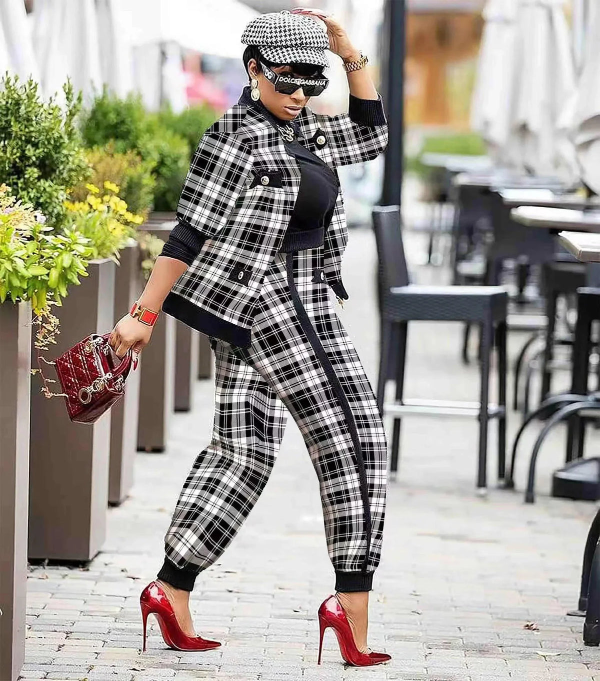 Women's Houndstooth Patchwork Jacket & Pants Set