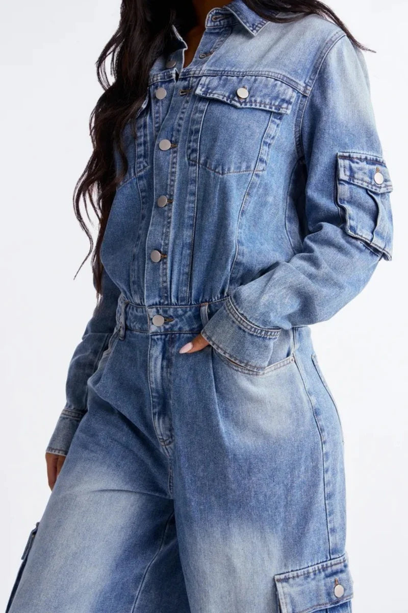 Women's Multi-Pocket Straight-Leg Denim Jumpsuit