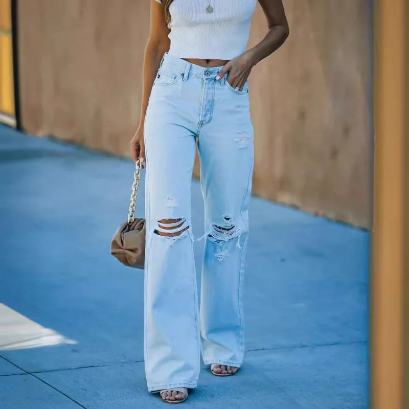 Women's Light-Wash Ripped Straight-Leg Jeans — product view