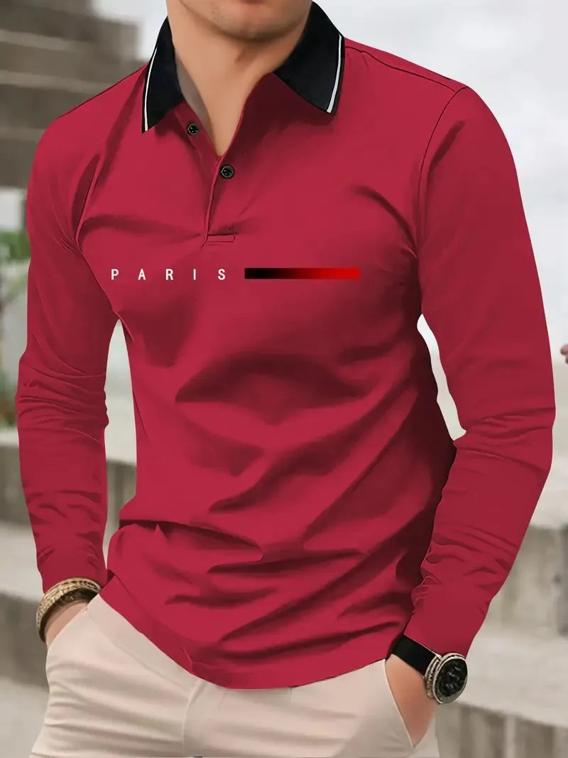 Men's Letter Print Long-Sleeve Polo Shirt
