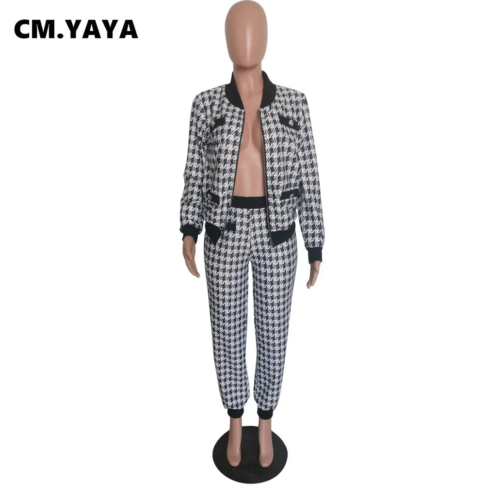 Women's Houndstooth Patchwork Jacket & Pants Set