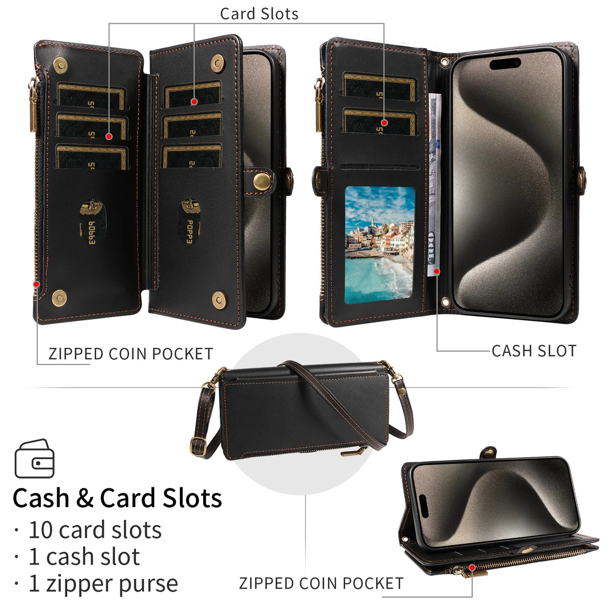 Crossbody Zipper Wallet Phone Case for iPhone 14 Pro Max, iPhone 14 Plus, iPhone 16, iPhone 16 Plus, iPhone 13 Pro Max, iPhone 15 Plus, iPhone 13 Pro, iPhone 14 Pro, iPhone 17 Pro Max, iPhone Air, iPhone 12 mini, iPhone 13 mini & More Models