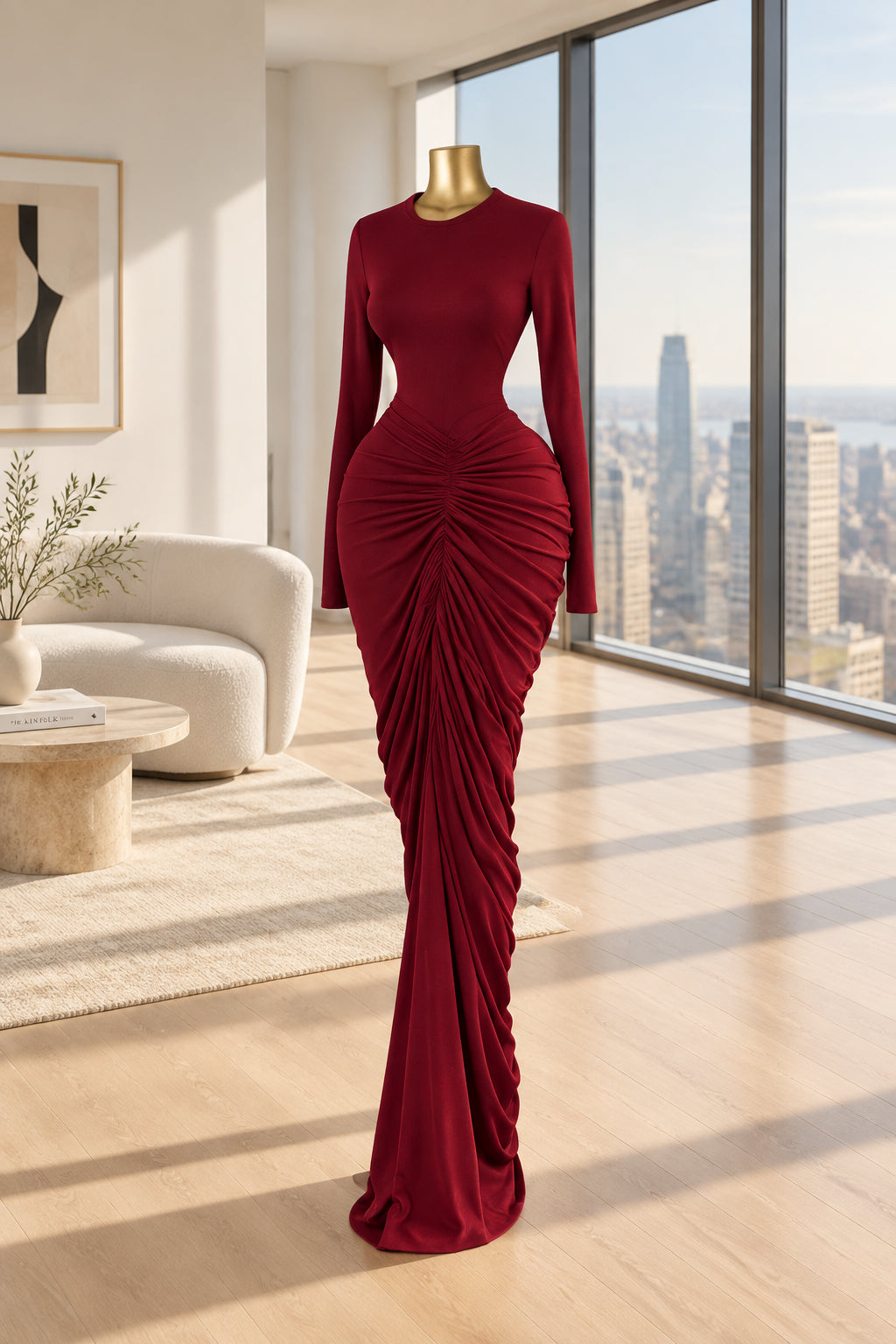 A long-sleeve, floor-length red dress with dramatic ruching and a gathered waist, displayed on a mannequin in an indoor showroom setting with a potted plant and paneled wall.