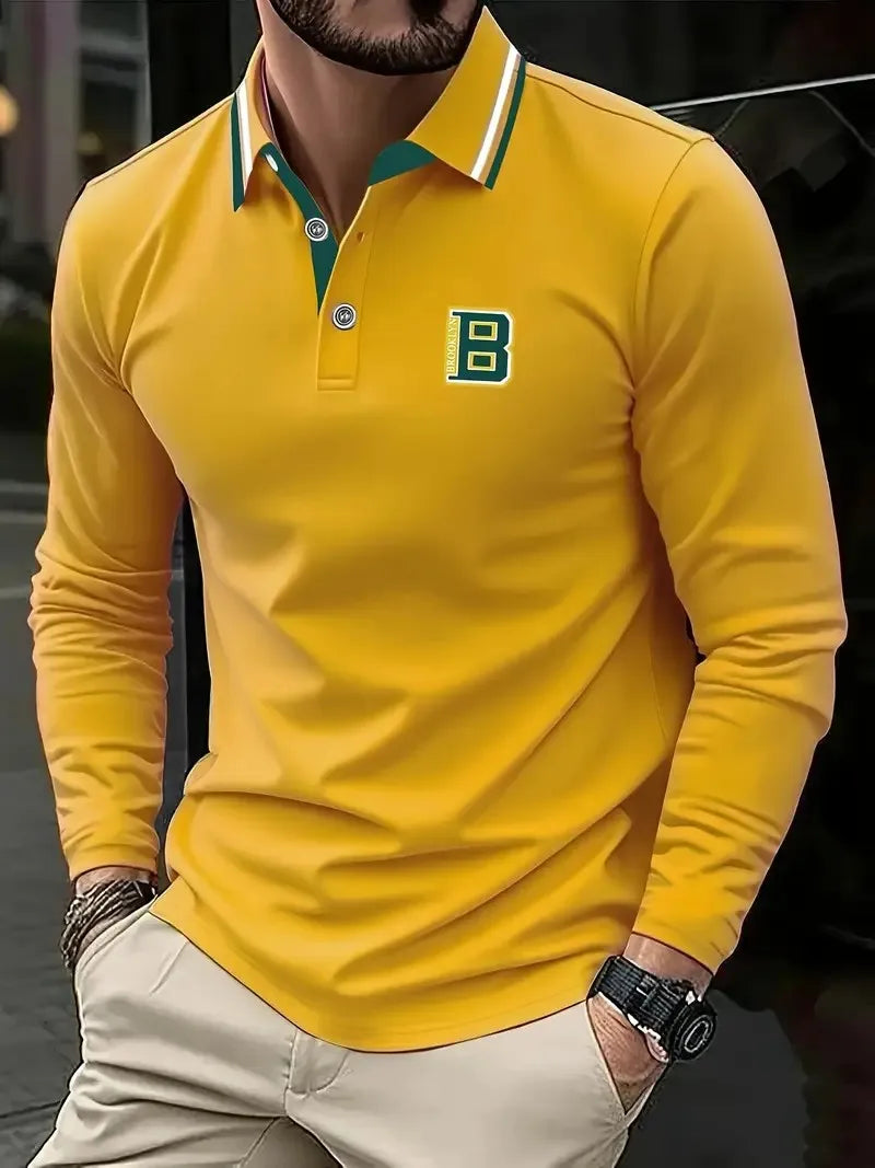 Men's Graphic Print Long-Sleeve Polo Shirt