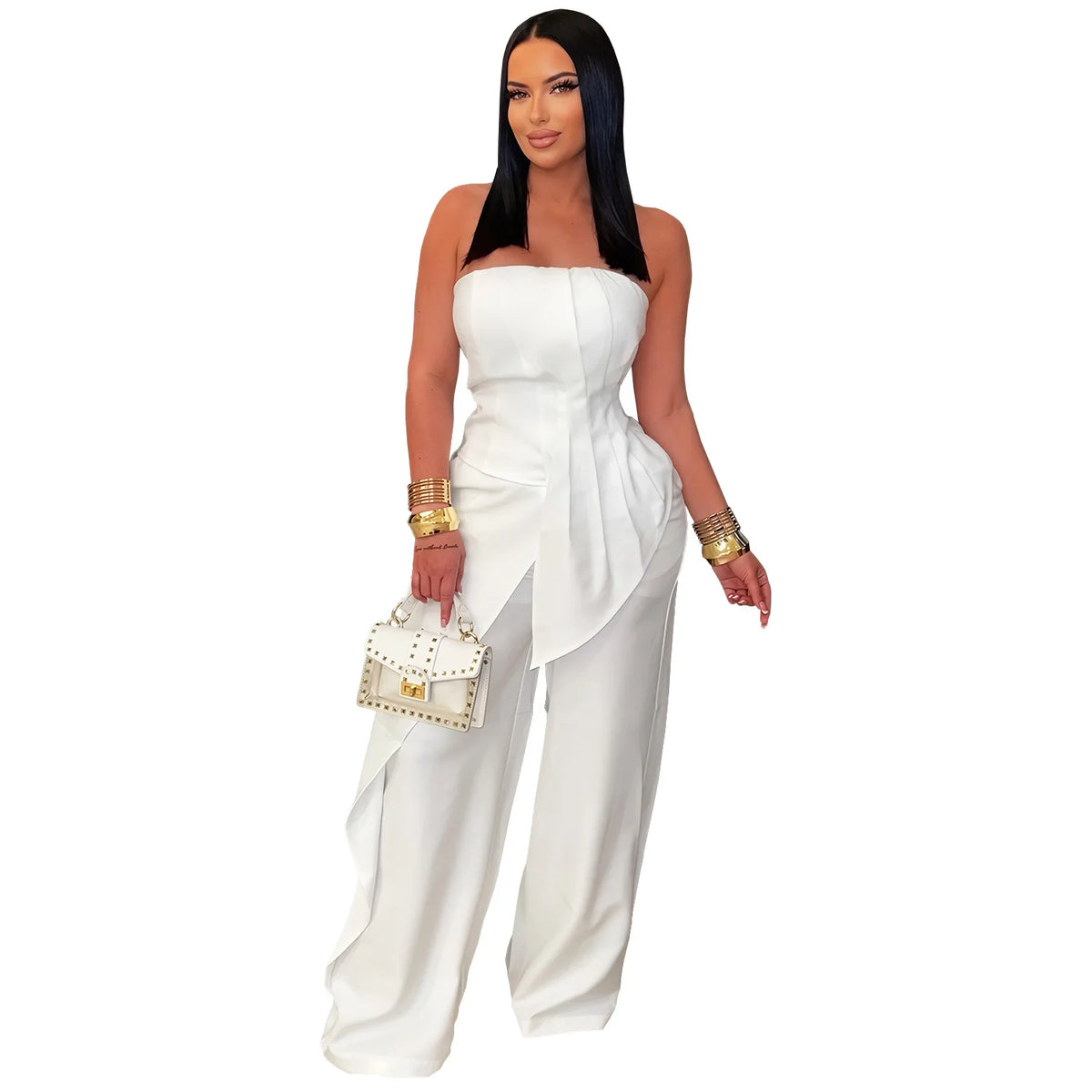 Women's Ruched Strapless Top & Wide-Leg Pants Set