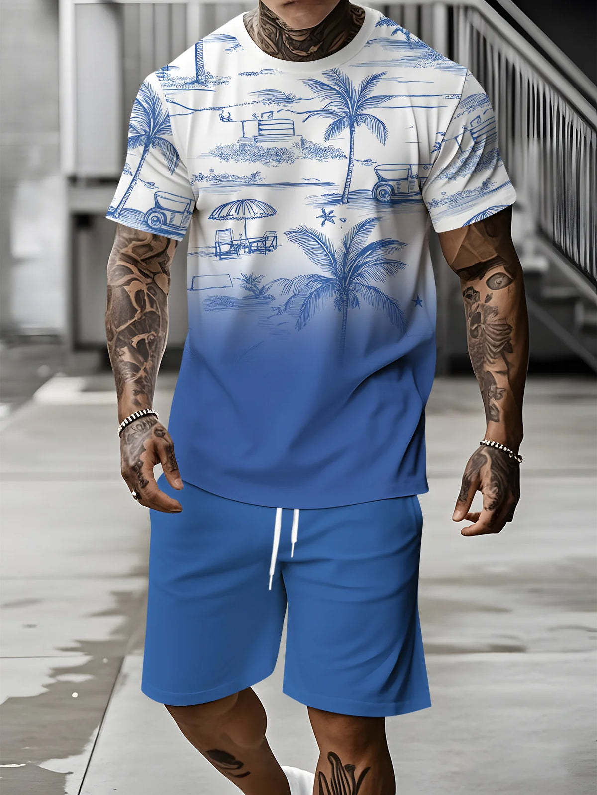 Men's Palm Tree Print Top & Shorts Set