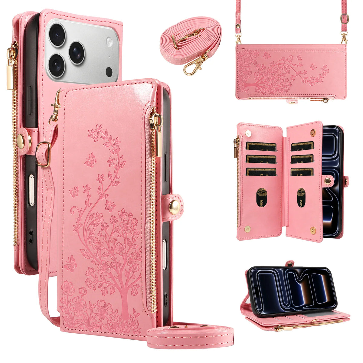Floral Embossed Crossbody Zipper Wallet Phone Case for iPhone 11, iPhone 12 Pro Max, iPhone 11 Pro Max, iPhone 11 Pro, iPhone XS Max, iPhone XS, iPhone SE (2022), iPhone XR, iPhone 8 Plus, iPhone 8, iPhone 18 Pro & More Models
