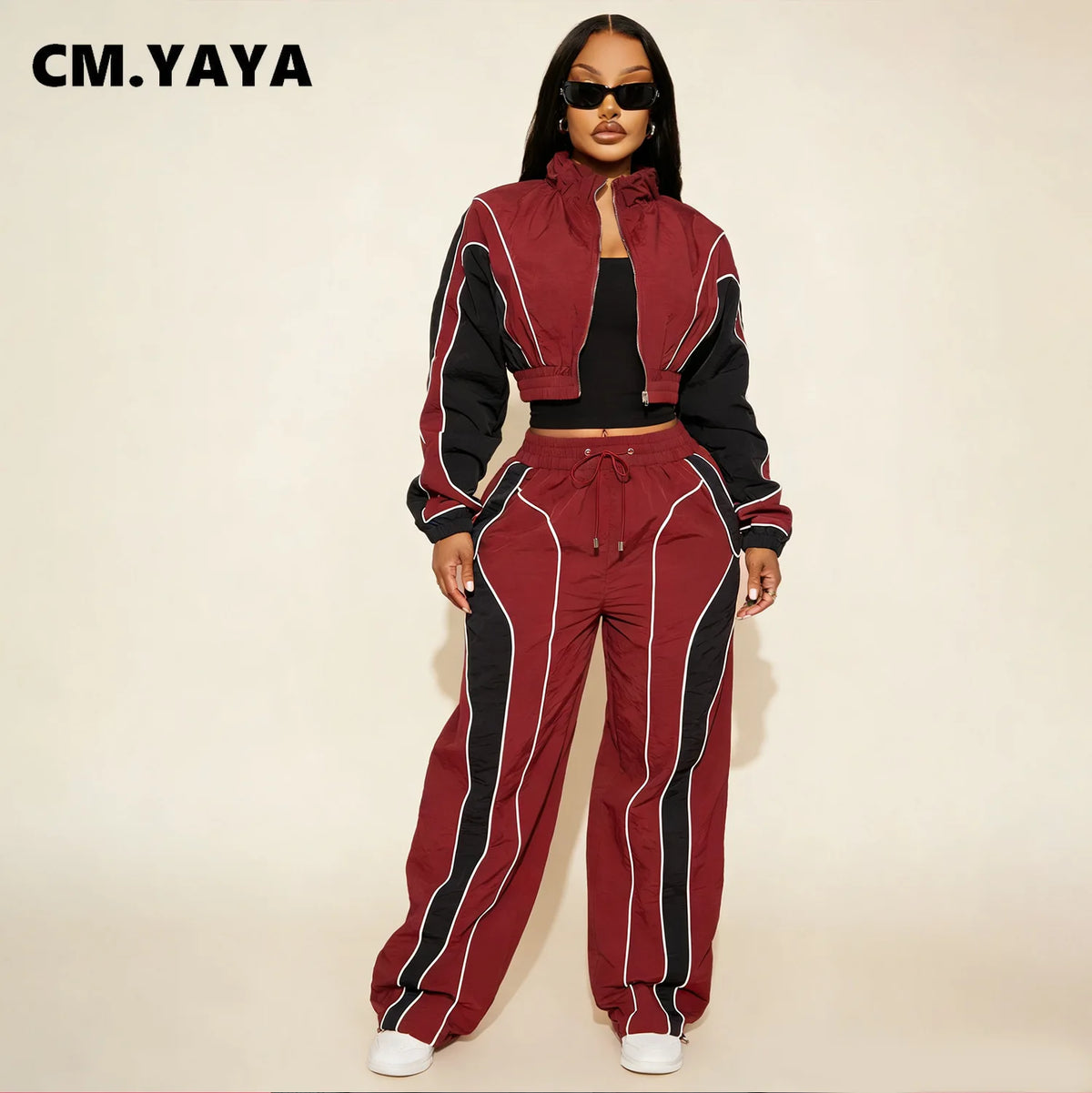 Women's Colour-Block Zip Jacket & Wide-Leg Pants Set