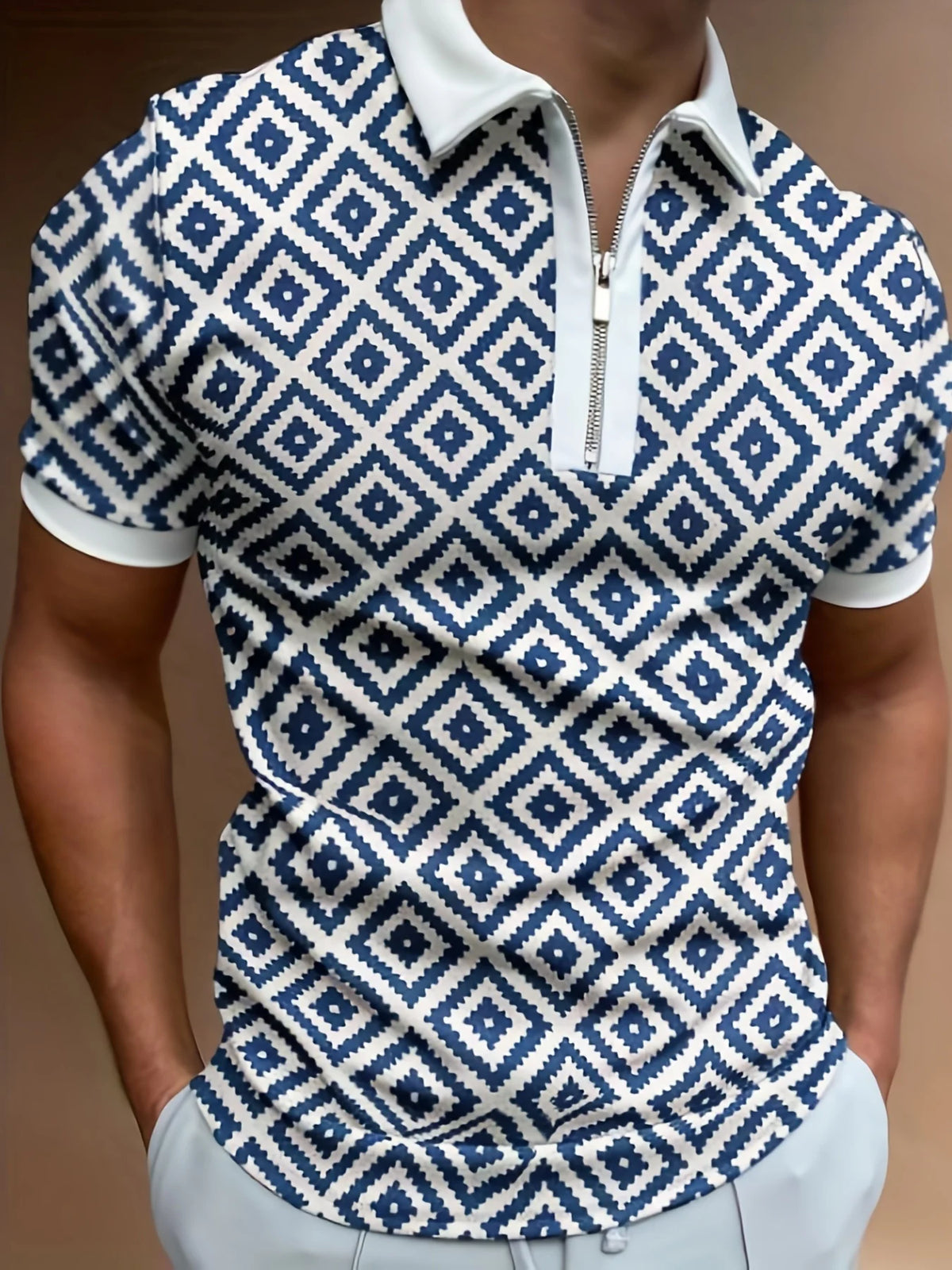 Men's Striped Short-Sleeve Zip-Neck Polo Shirt