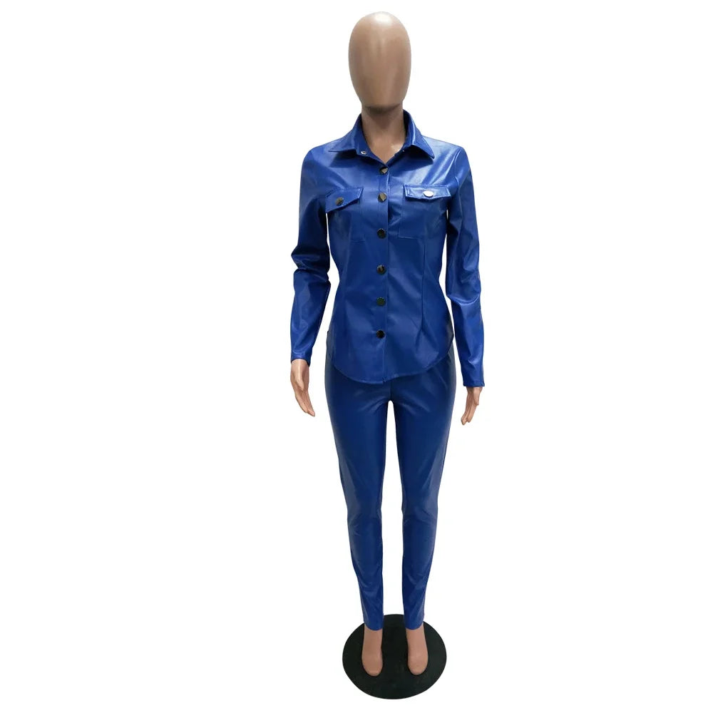 Women's Faux Leather Shirt & Fitted Pants Set
