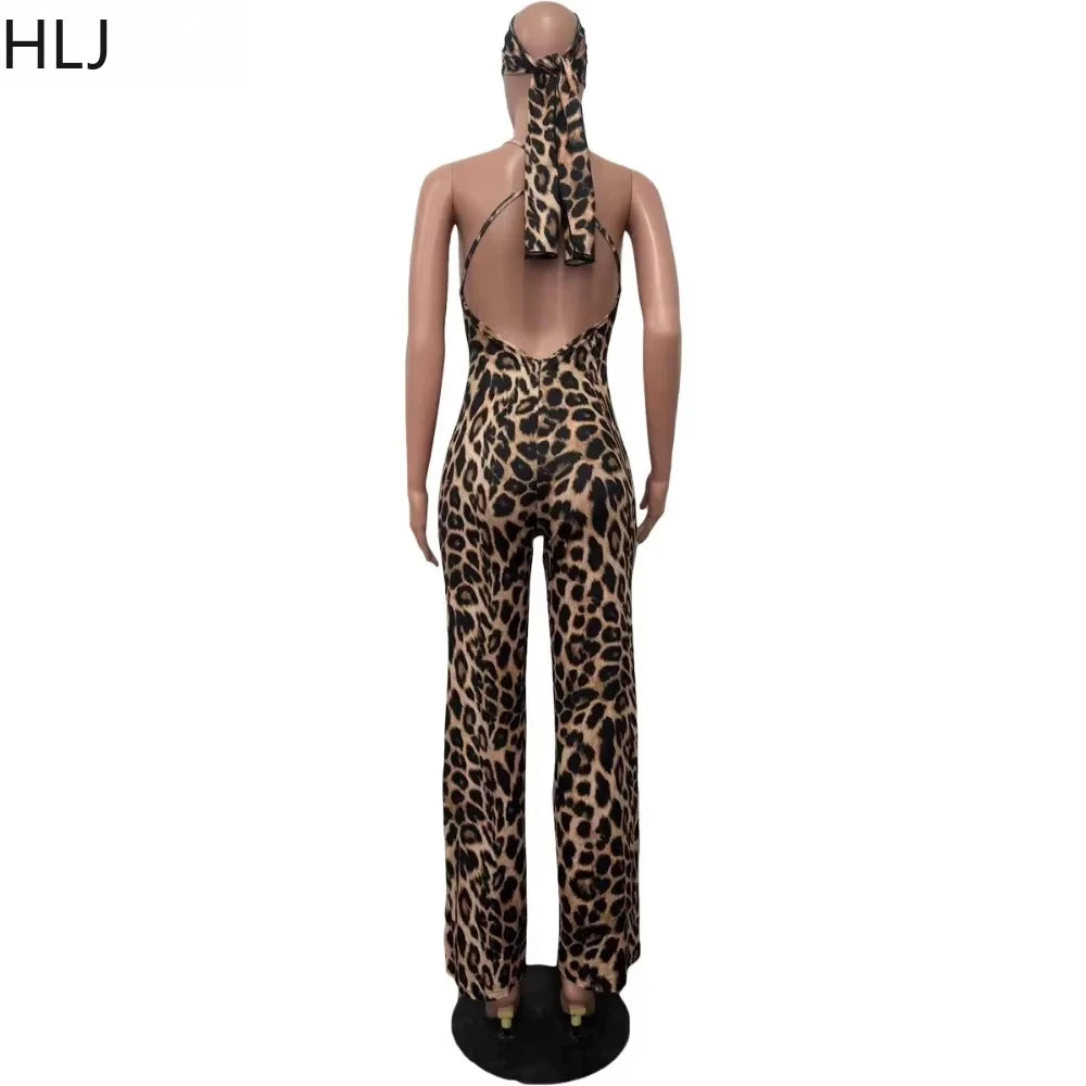 Women's Leopard-Print Strappy Jumpsuit with Scarf