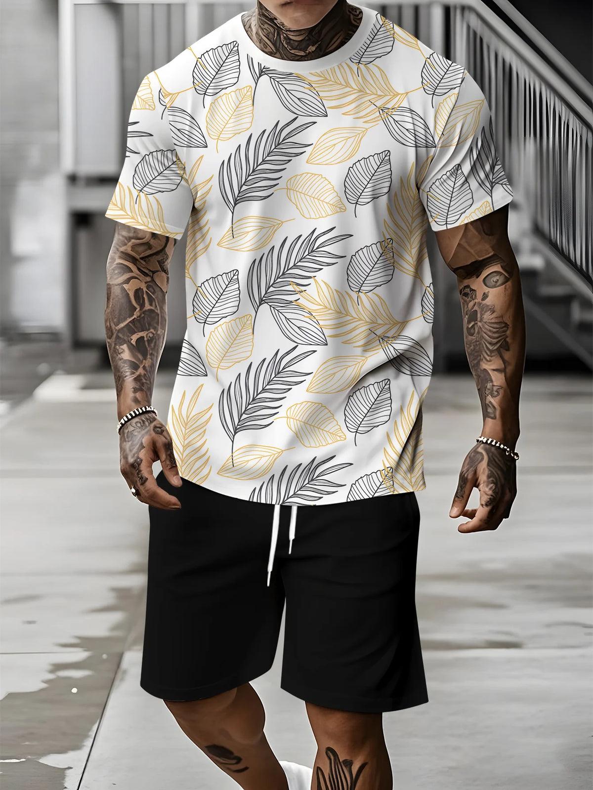 Men's Palm Tree Print Top & Shorts Set