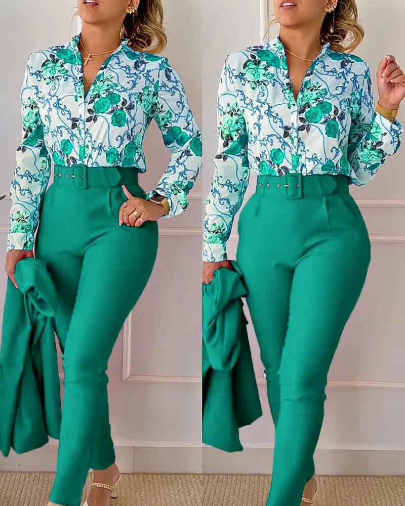 Women's Printed Long-Sleeve Shirt & Pants Set