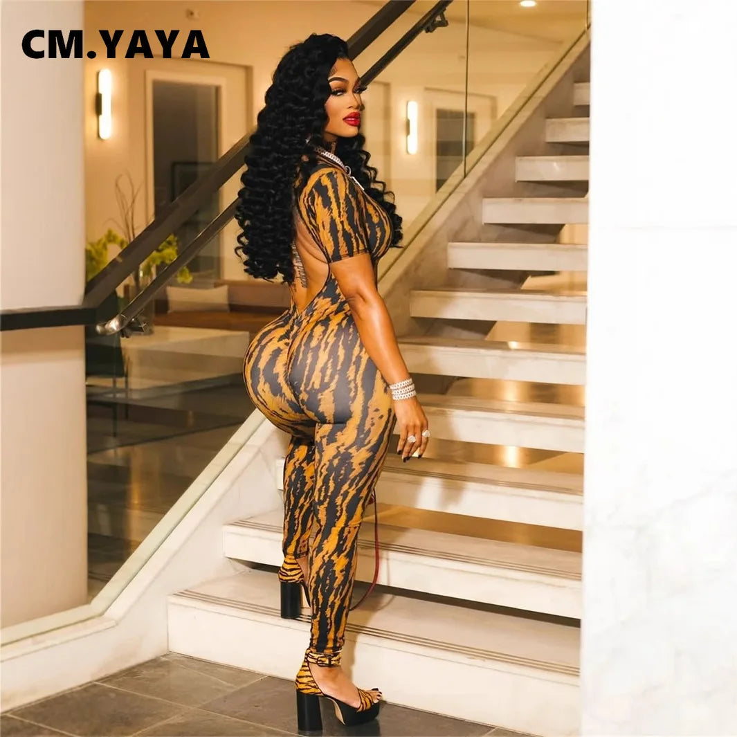 Women's Striped Short-Sleeve Fitted Jumpsuit