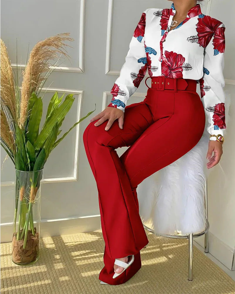 Women's Printed Belted Shirt & Trouser Set