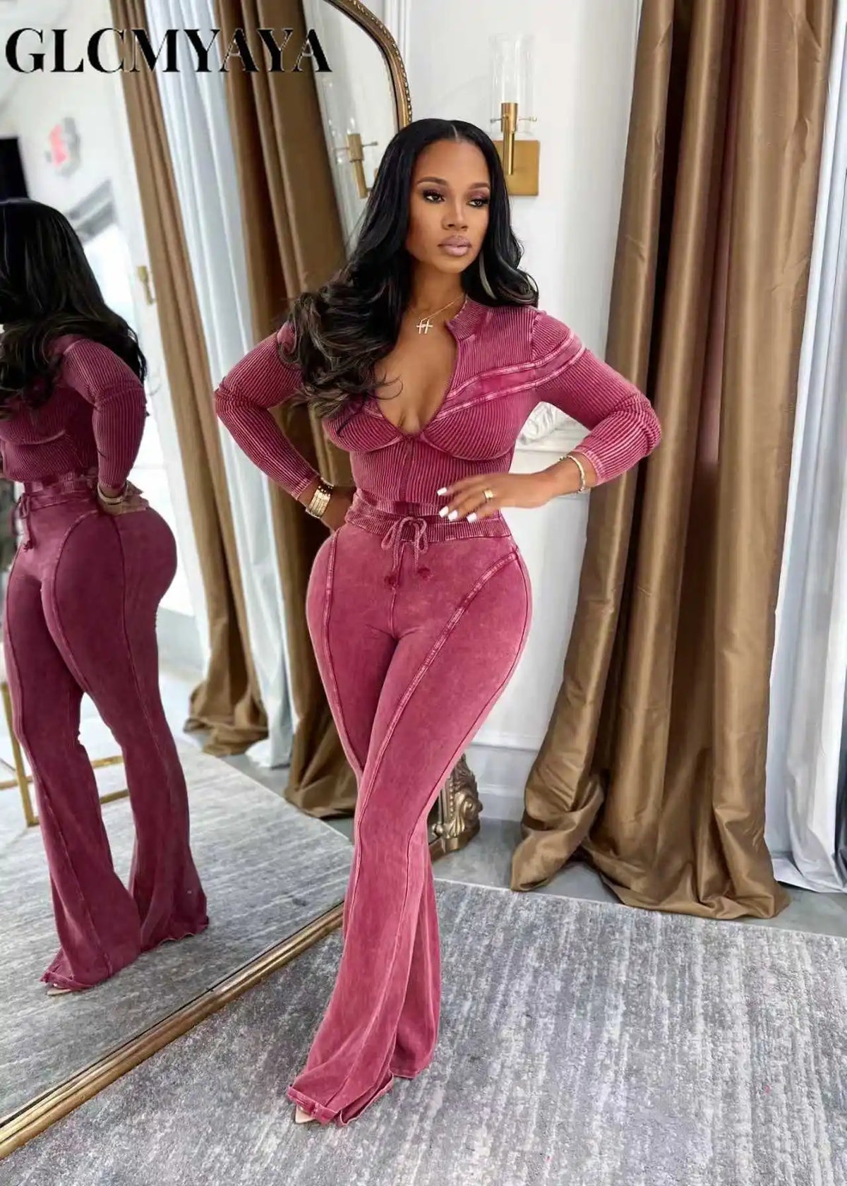 Women's Washed-Look Knit Jacket & Pants Set
