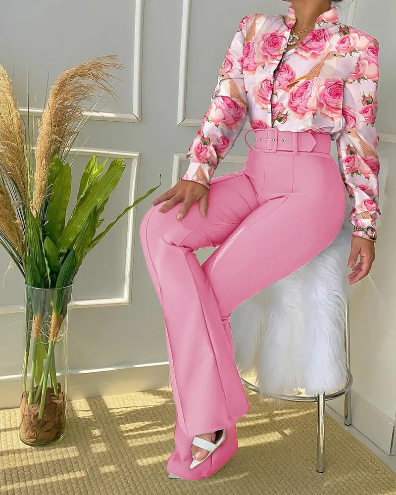 Women's Printed Belted Shirt & Trouser Set