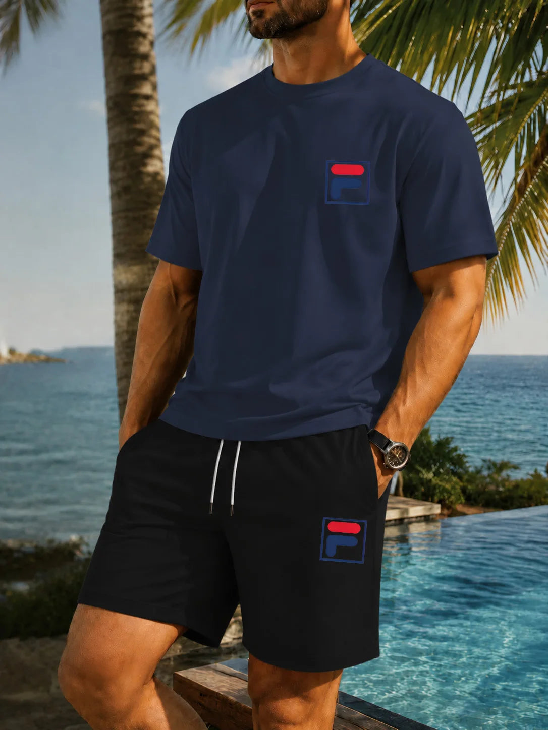 Men's Graphic Print Top & Shorts Set