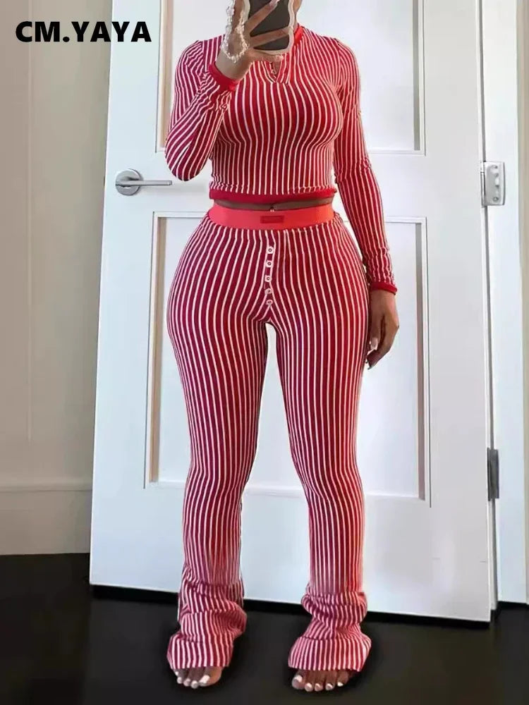 Women's Striped Crop Top & Flared Pants Set