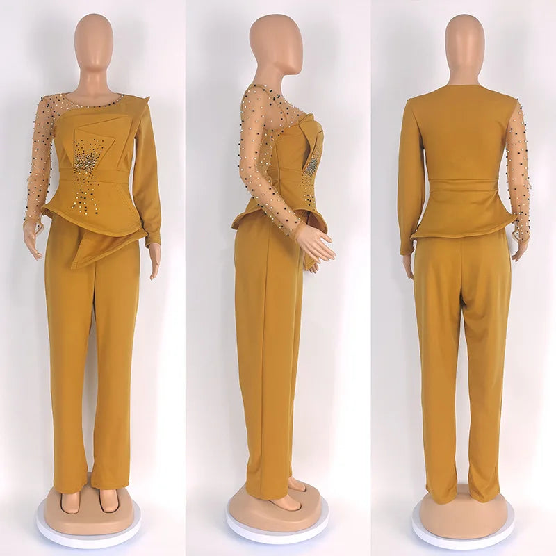 Women's Beaded Mesh Ruffle Blazer & Pants Set