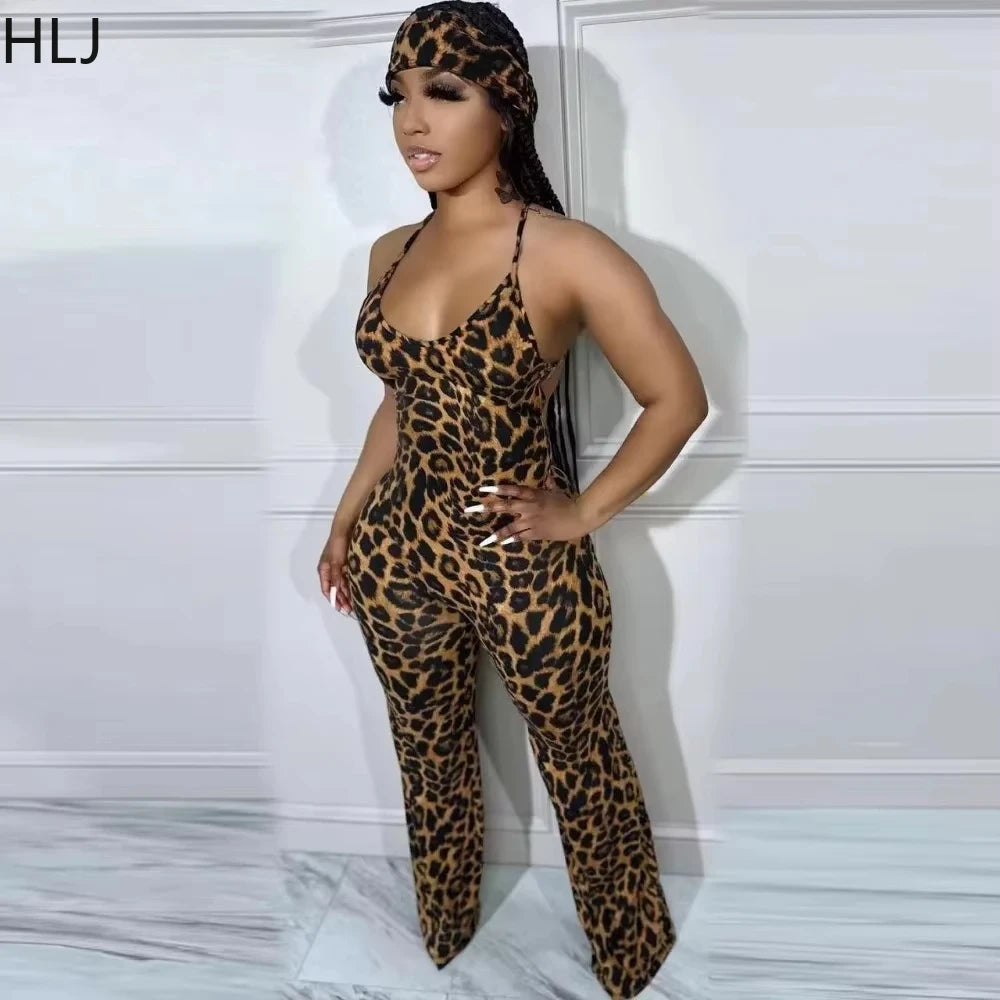 Women's Leopard-Print Strappy Jumpsuit with Scarf