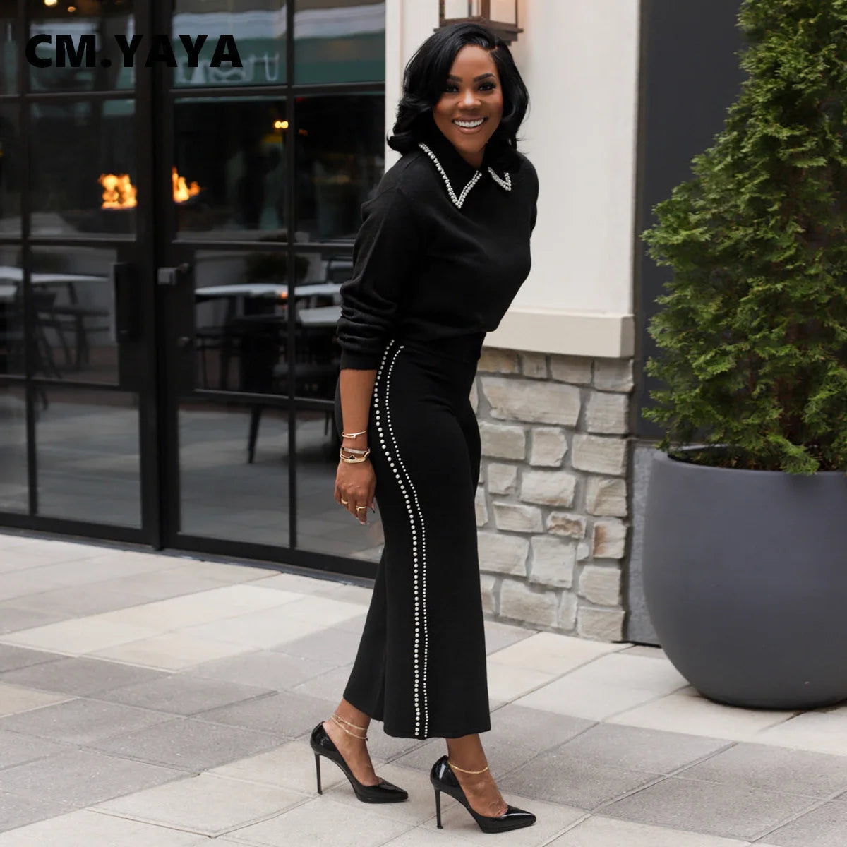 Women's Pearl-Detail Top & Wide-Leg Pants Set