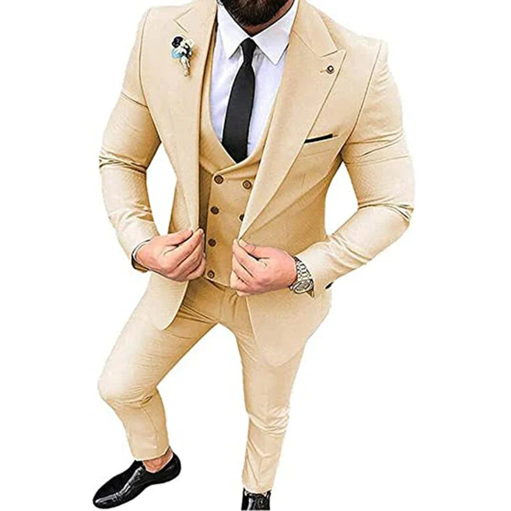 Men's Beige 3-Piece Slim Fit Peak Lapel Suit Set — product view