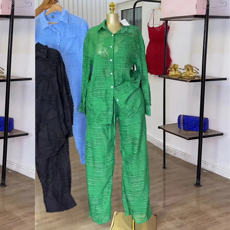 Women's Sheer Shirt & Wide-Leg Pants Set