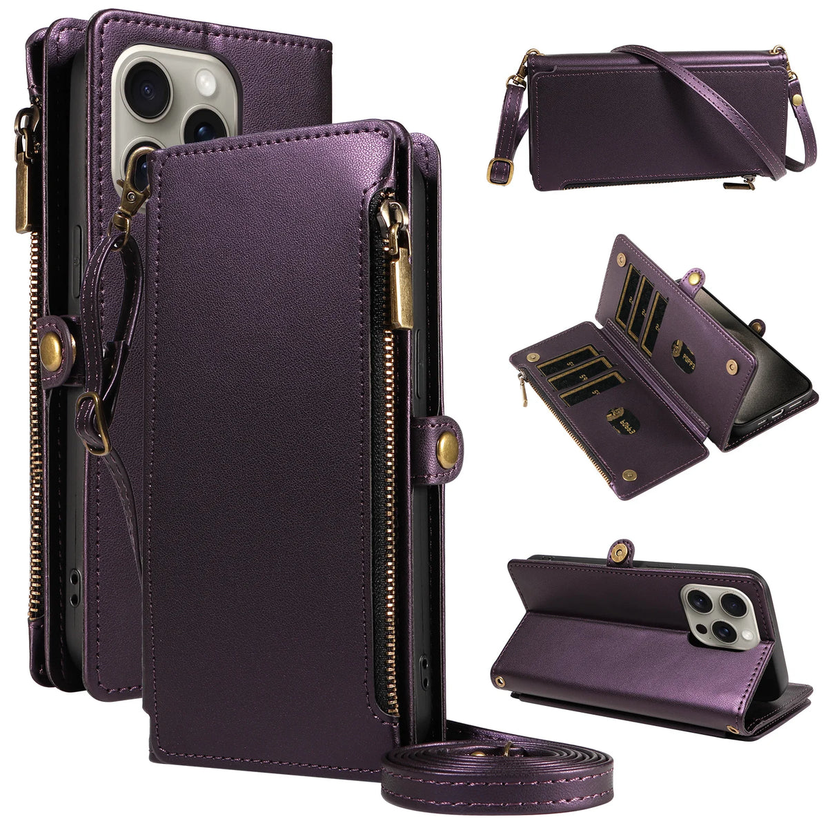 Crossbody Zipper Wallet Phone Case for iPhone 14 Pro Max, iPhone 14 Plus, iPhone 16, iPhone 16 Plus, iPhone 13 Pro Max, iPhone 15 Plus, iPhone 13 Pro, iPhone 14 Pro, iPhone 17 Pro Max, iPhone Air, iPhone 12 mini, iPhone 13 mini & More Models