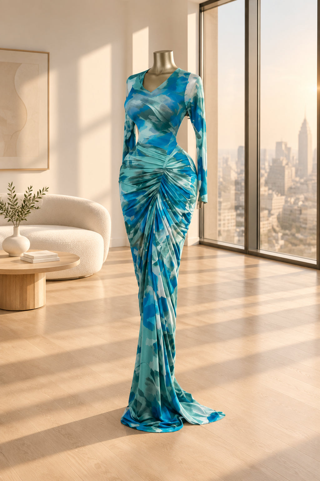 A long-sleeve floor-length gown with a blue and teal tie-dye pattern displayed on a mannequin in an indoor showroom setting with a potted plant and tiled floor.