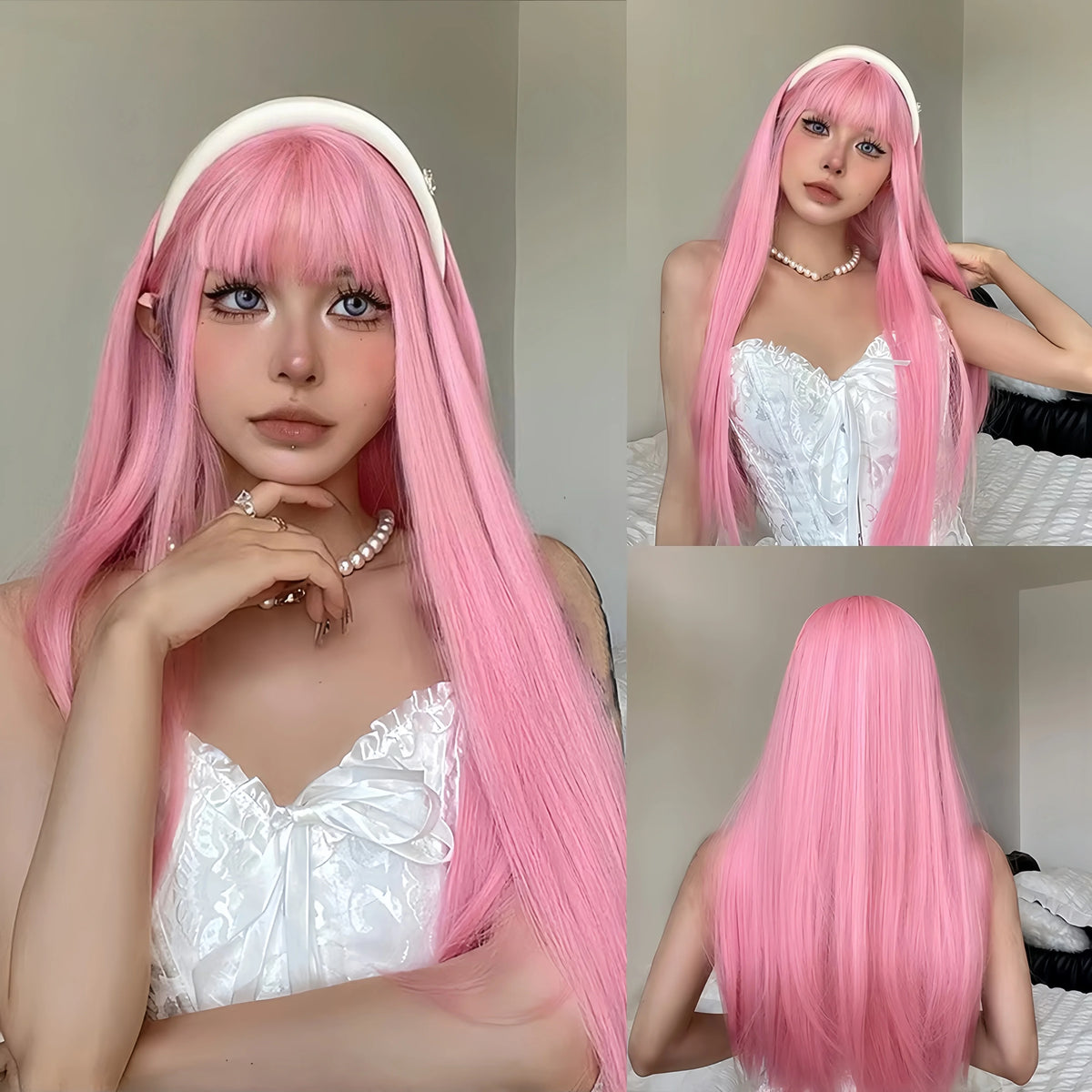 White Long Straight Synthetic Wig Colorful Cosplay Party Fake Hair - OSASCO