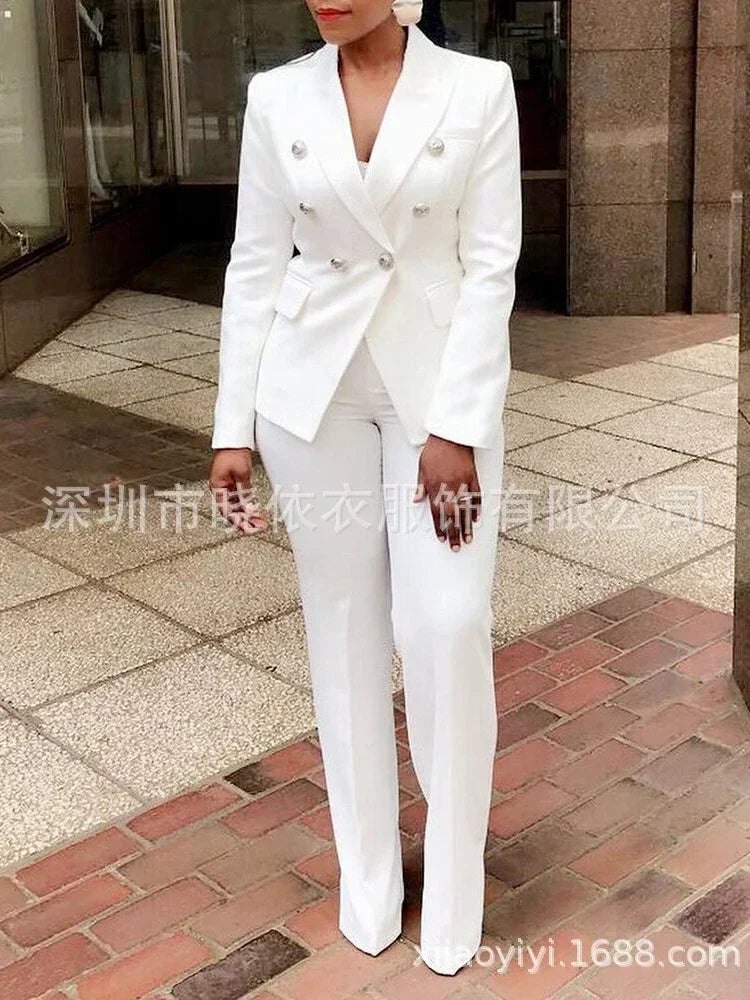 Women's White Blazer & High-Waisted Pants Set
