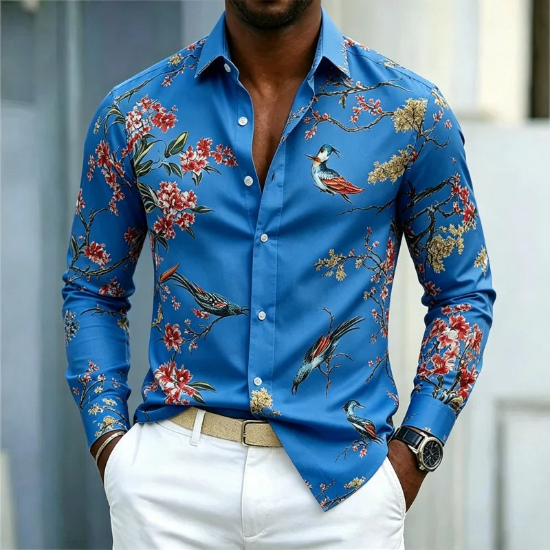 Men's Floral Print Long-Sleeve Casual Shirt
