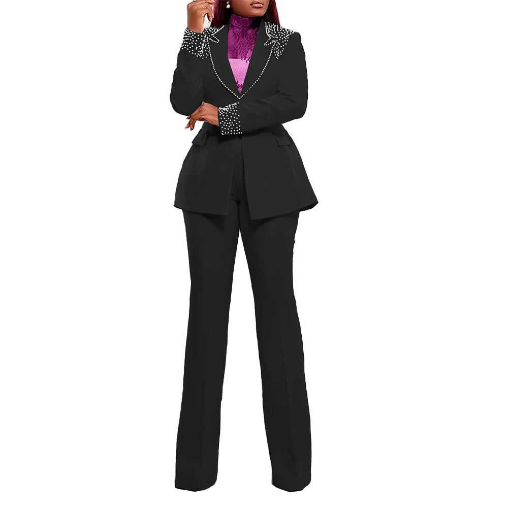 Women's Pearl-Detail Blazer & Wide-Leg Pants Set