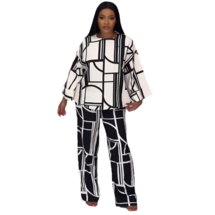 Women's Printed Long-Sleeve Top & Straight-Leg Pants Set