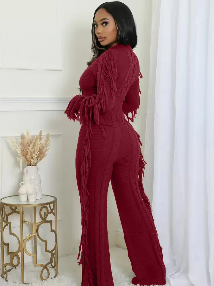 Women's Tassel Knit Sweater & Pants Set