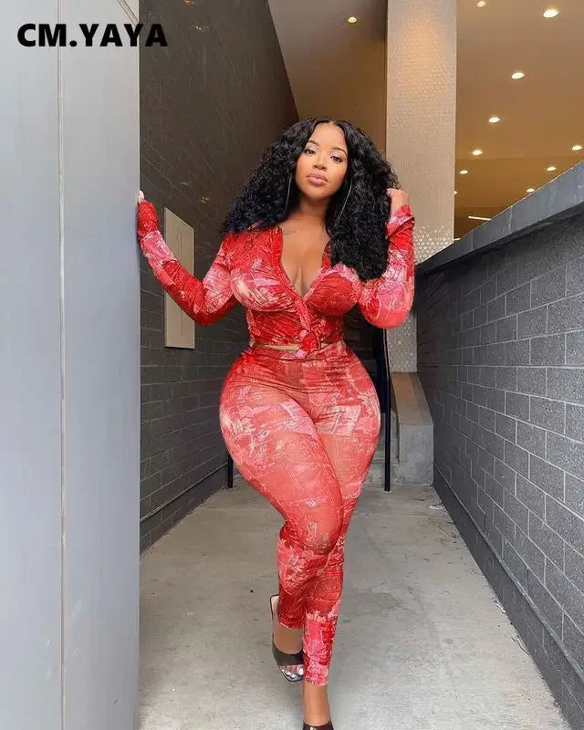 Women's Plus-Size Printed Top & Fitted Pants Set