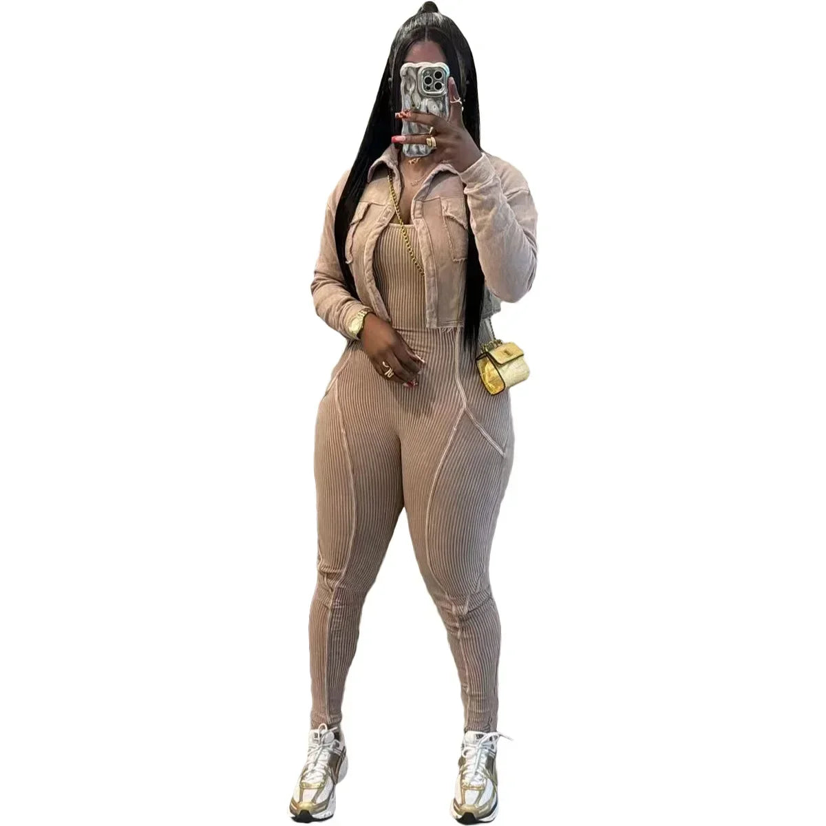 Women's V-Neck Jacket & Fitted Jumpsuit Set
