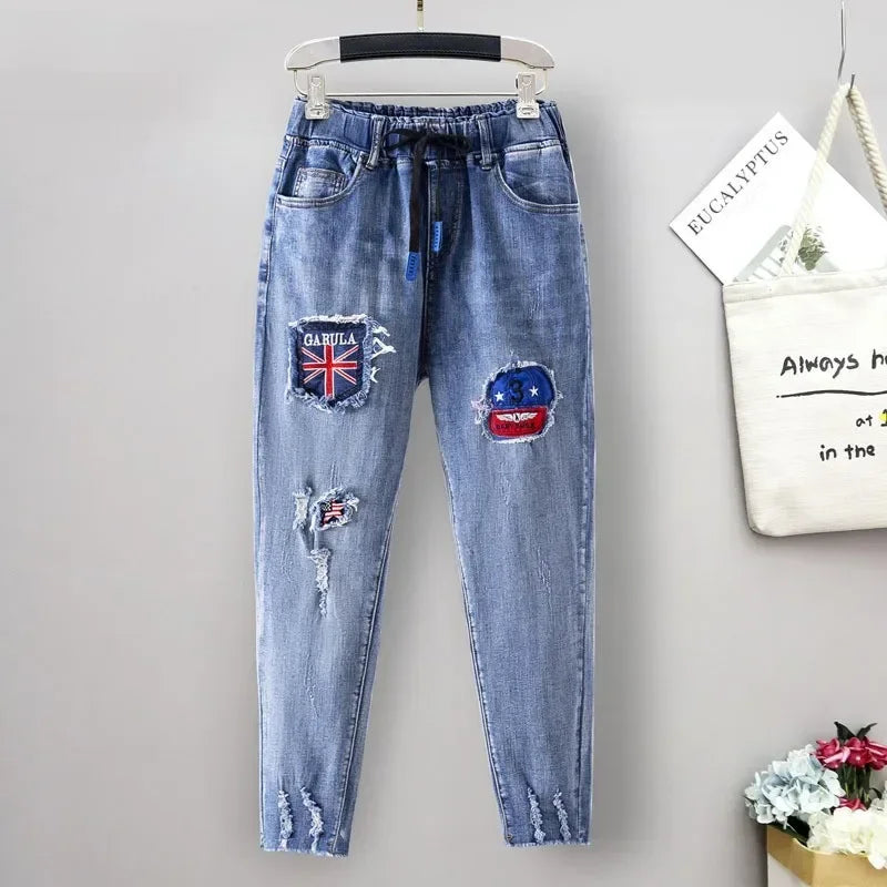 Women's Plus-Size Elastic-Waist Ripped Jeans — product view