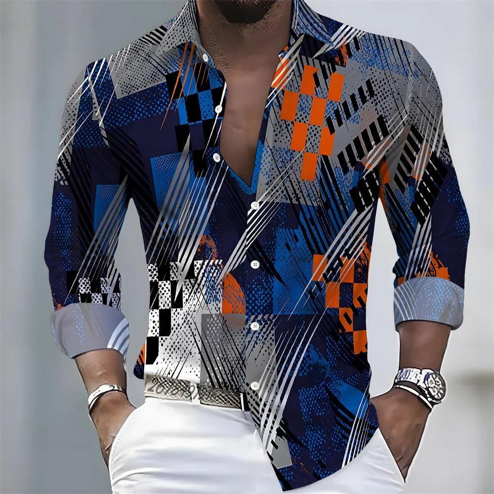 Men's Geometric Print Long-Sleeve Casual Shirt