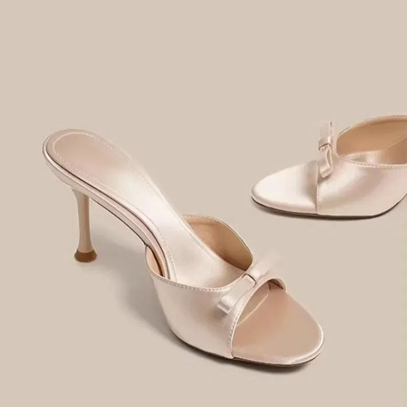 Women's Round-Toe Open-Toe Bow Detail Stiletto Sandals
