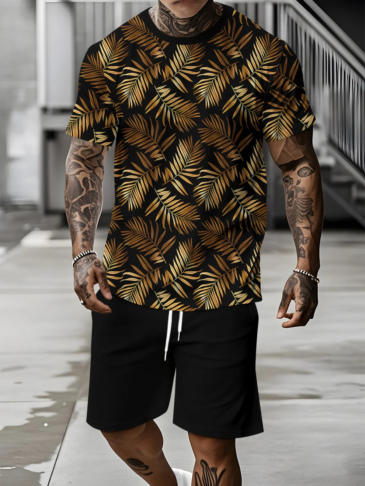 Men's Palm Tree Print Top & Shorts Set