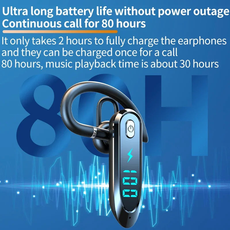 Bluetooth earphone with charging indicator on a blue background with text about battery life.
