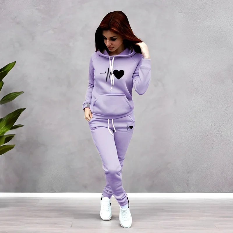 Women's Heart Print Hoodie & Pants Set